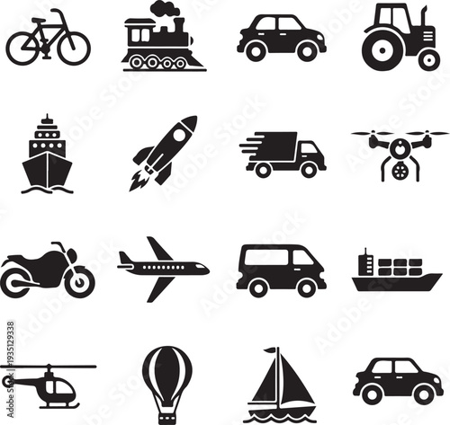 Air, water and land transportation icon set