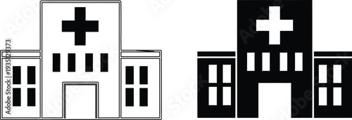 Black and white church building illustrations with cross