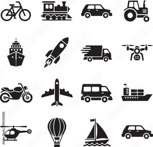 Air, water and land transportation icon set