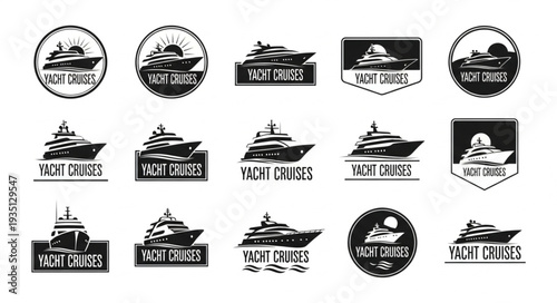 Collection of various yacht cruise logos and emblems in monochrome style.