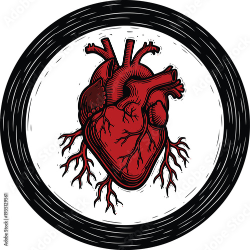 Circular thick border with heart growing roots linocut vector illustration minimal love art engraving