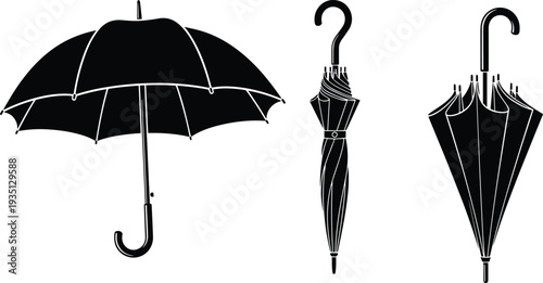 Set of black umbrella silhouettes including open folded and closed styles isolated on white background for weather and protection concepts.