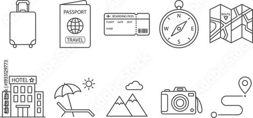 Travel and tourism linear icons set with suitcase passport ticket compass map hotel beach and camera.