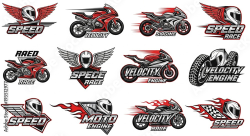 Collection of dynamic motorcycle racing logos with helmets and wings, speed concept.