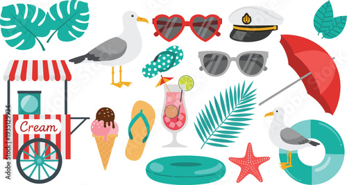 Summer beach vacation icons collection with seagull, sunglasses, umbrella, ice cream cart, cocktail drink, flip flops and tropical leaves vector set