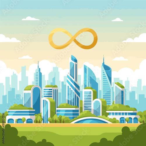 Modern Skyline with Infinity Symbol Over Green Landscape