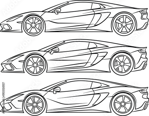 Set of three modern sports car line art illustrations showing side profile view of luxury supercars for automotive design concepts