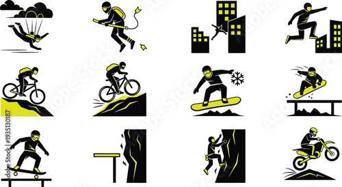 Collection of extreme sports icons dynamic vector illustrations for adventure and action concepts isolated on white background