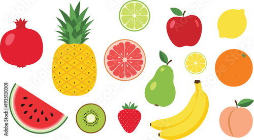 Fresh fruits collection including pineapple, watermelon, banana, apple, citrus, strawberry and pear colorful healthy food vector illustration set