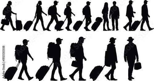 Set of travelers silhouettes with suitcases and backpacks walking isolated on white background, group of people traveling vector illustration.