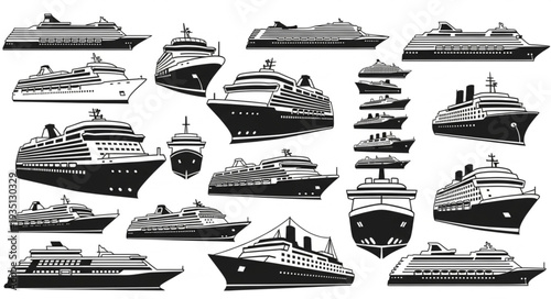 Collection of various cruise ships and vessels in black and white illustrations.