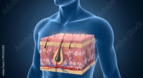 Detailed Cross-Section of Human Skin Layers and Hair Follicle