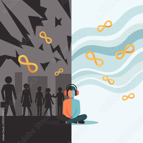 Person listening with headphones in mind of good and bad with infinity symbols