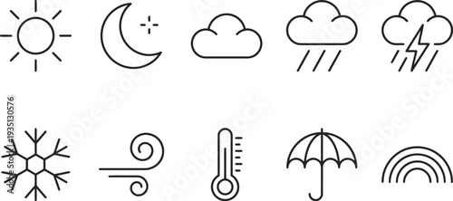A collection of minimalist black line weather icons representing various atmospheric conditions