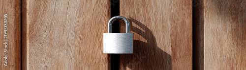 White metal padlock securing closed wooden door planks representing safety and privacy with strong security protection concept