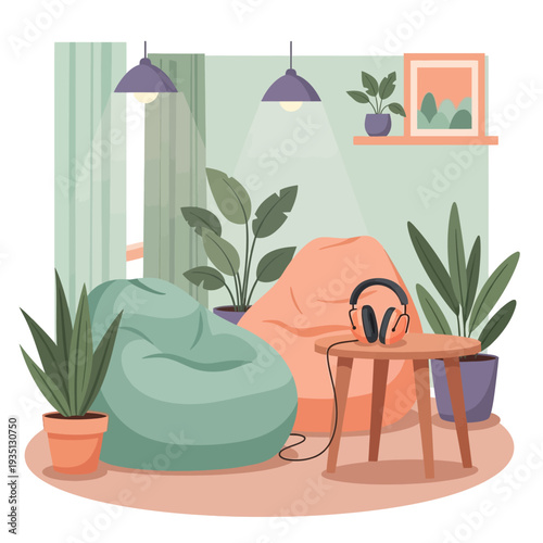 Cozy living room with bean bag chairs, plants, headphones, and round table