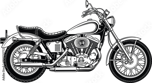 Classic cruiser motorcycle technical sketch vector illustration featuring detailed engine exhaust pipes chrome parts and leather seat for biker lifestyle and automotive design projects