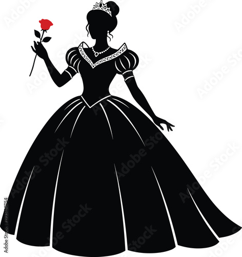 Silhouette of a beautiful princess wearing a royal ball gown and tiara holding a red rose isolated on white background.