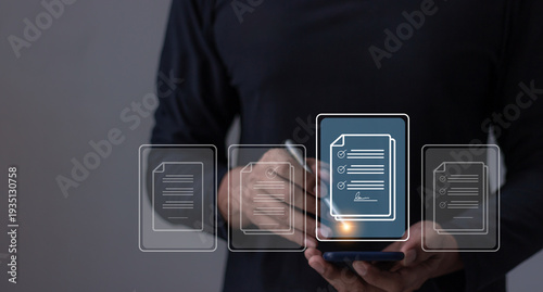 Young man with smartphone mobile hand using a pen touching to sign a Online Business Contract, Electronic signature, Contract signing, Digital documents, Future smart contract