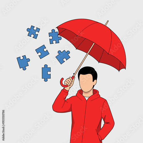 Man protecting puzzle pieces under umbrella