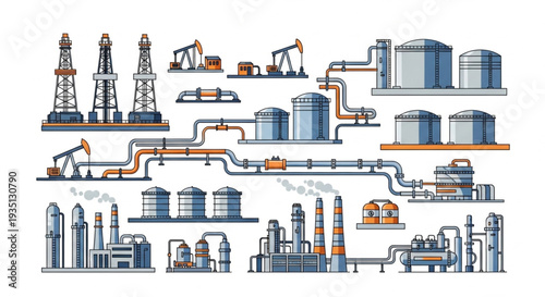 Oil Refinery Process Diagram Illustration.