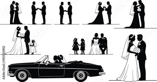 Wedding silhouettes set with bride groom flower girl and vintage car isolated on white background for marriage invitation and celebration design