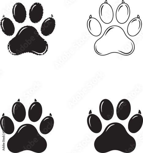 A set of dog's paws. Black traces in different styles. Isolated on white background. Silhouettes of paws