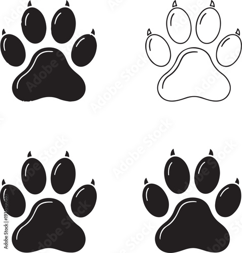 A set of dog's paws. Black traces in different styles. Isolated on white background. Silhouettes of paws