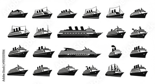 Collection of various cruise ships and vessels in a monochrome style, ready to sail.