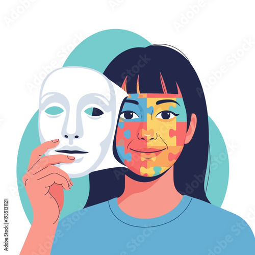 Woman revealing puzzle pieces beneath a face mask