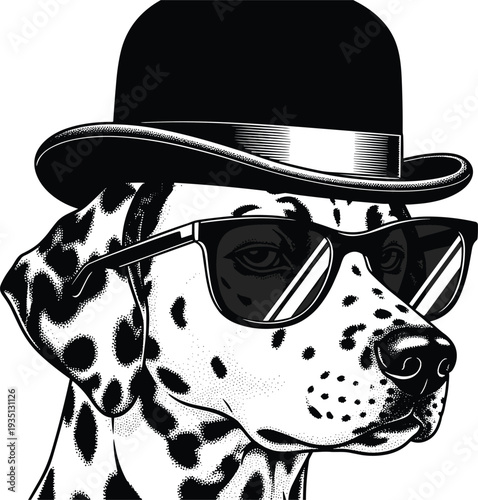 Dalmatian dog silhouette illustration, bowler hat artwork design, sunglasses fashion graphic, stylish pet symbol drawing, anthropomorphic canine artwork, black white