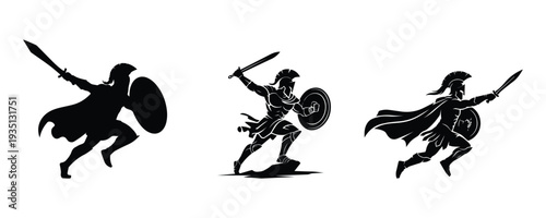 Ancient warrior action silhouettes with shield and sword isolated on transparent background. Dynamic battle pose vector set