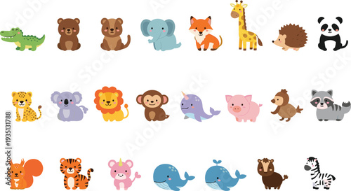 Cute cartoon animals collection with wild and farm animals including lion, elephant, panda, giraffe, whale and tiger vector illustration set