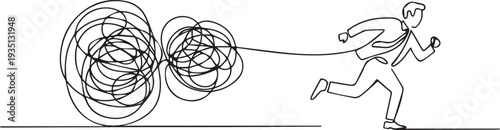 Running Away from Problems and Chaos Business Stress Concept Line Art Illustration
