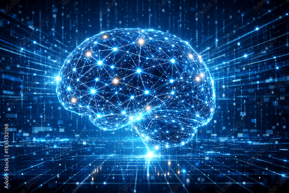 Obraz premium Digital representation of a human brain connected with futuristic technology network.