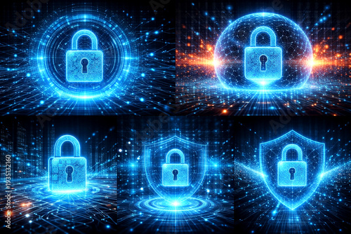 Digital security locks illuminated against a cosmic background