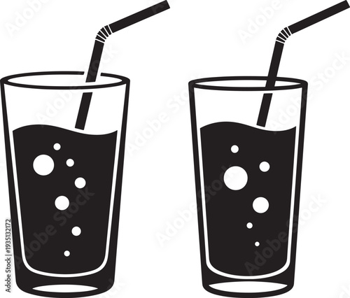 Silhouette of two glasses with straws and bubbles