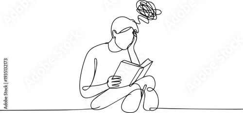 Overthinking and Mental Stress Concept with Man Reading Document Line Art Illustration