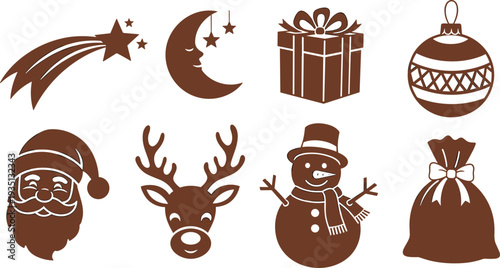 Christmas holiday icons silhouette collection with Santa Claus, reindeer, snowman, gift box, ornament ball and shooting star vector set