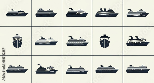 Collection of various cruise ships in different angles and styles, vector illustration.