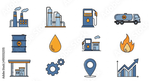 Oil Refinery Industry Icons Set.