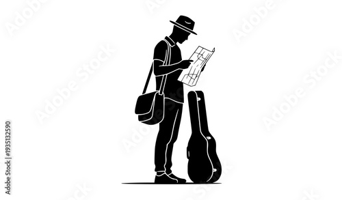 Musician Traveler Silhouette with Guitar Case and Map Vector Art