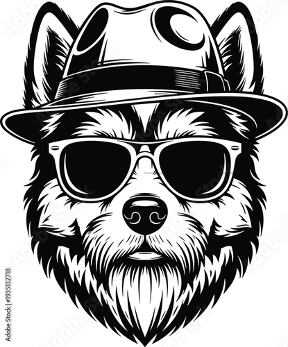 Cool husky dog silhouette illustration, fedora hat artwork design, sunglasses fashion graphic, stylish pet symbol drawing, anthropomorphic canine artwork, black white