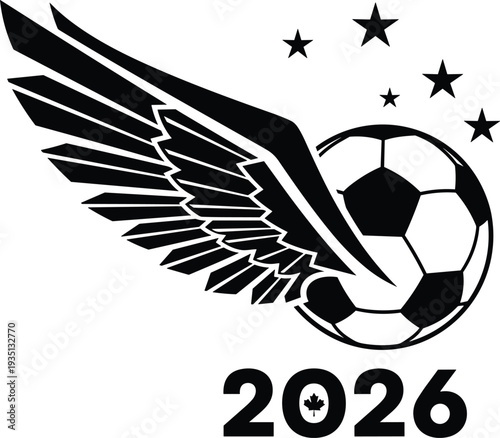 Soccer ball wing silhouette illustration, 2026 sports artwork design, Canada maple leaf graphic, football tournament symbol drawing, championship logo artwork, black white