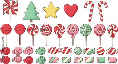 Christmas candy and sweets collection with lollipops, peppermint swirl candies, candy canes and festive sugar treats vector illustration set