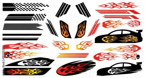 Collection of various car decals and flame designs for vehicle customization.