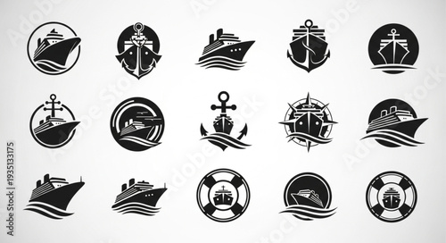Collection of various black and white nautical themed logos and emblems.