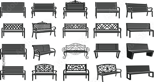 Collection of park bench black silhouettes featuring various classic and modern outdoor seating designs for architectural site plans urban landscaping and garden furniture vector set