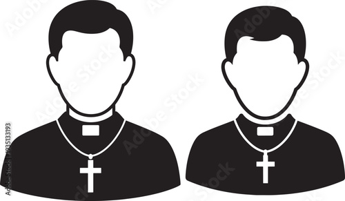 Silhouette of two priests with crosses on white background
