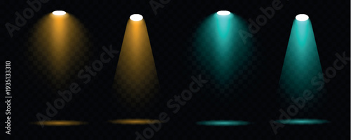 A collection of vibrant spotlights in various colors illuminates a transparent black background creating a dynamic effect